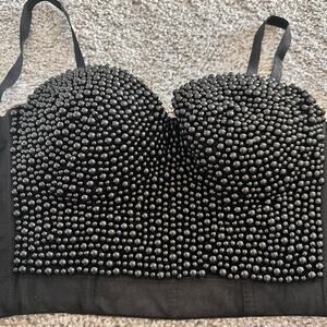 Lydia USA Black Beaded Push Up Bustier Bra Crop Top Size Medium